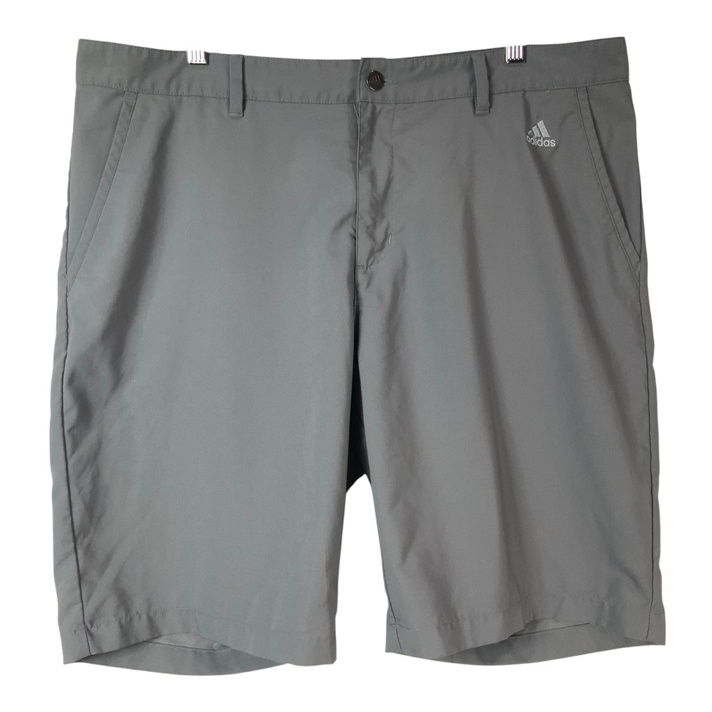 Adidas Golf Gray Chino Shorts 38 Button Zip Fly Three Stripe Detail Pockets